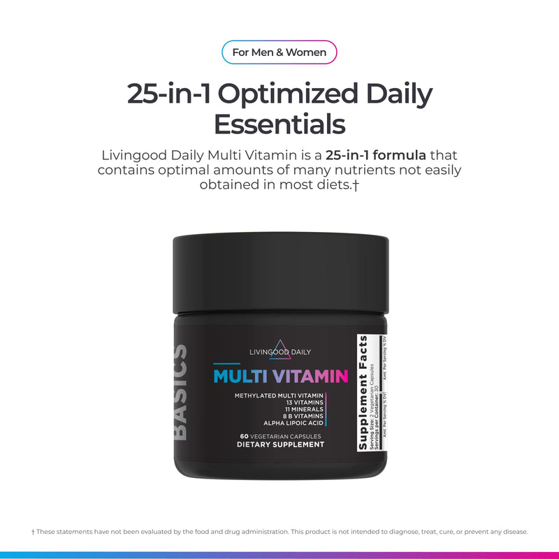 Livingood Daily Methylated Multivitamin for Women & Men, 60 Capsules | 25-in-1 Multi Vitamin Supplement, B Complex, Iron, Zinc, Selenium, Iodine, Brain, Metabolism & Energy Support, Made in USA