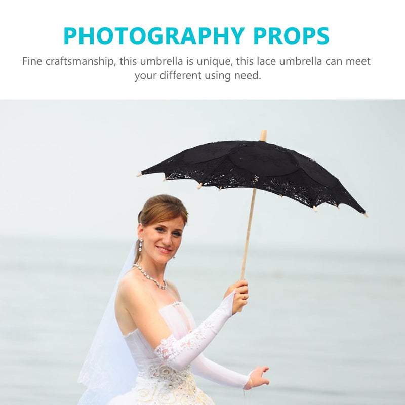 Toyvian Bridal Wedding Lace Parasol: 25.35 Inches White Lace Umbrella Women Vintage Umbrellas Handmade Boho Parasol with Black