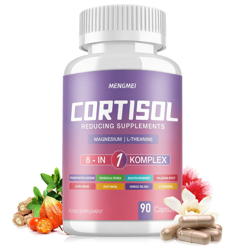 Cortisol Reducing Supplements for Stress & Mood Support, Ashwagandha 20:1, Magnesium, L-Theanine & Rhodiola Complex, Vitamins C D3 B6, Adaptogen Blend for Relaxation, Sleep & Focus, 90 Capsules