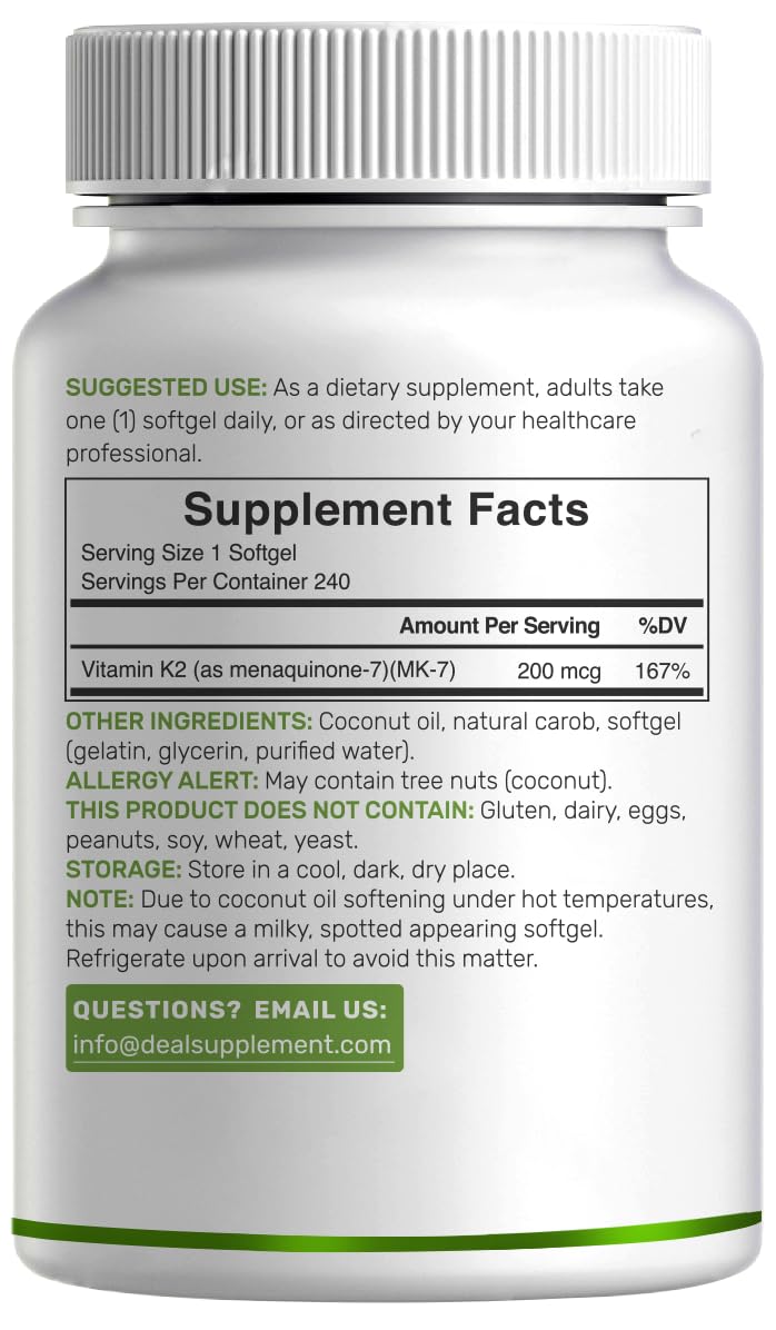 [Australia] - DEAL SUPPLEMENT Vitamin K2 MK-7 200mcg Per Serving, 240 Coconut Oil Softgels | Easily Absorbed Menaquinone-7 Form | Bone, Joint, & Immune Support ‚Äì Non-GMO 