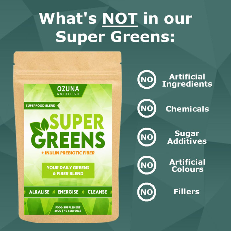 Super Greens Powder, Alkaline Superfoods Smoothie Booster with Inulin Prebiotic Fiber, 40 Servings