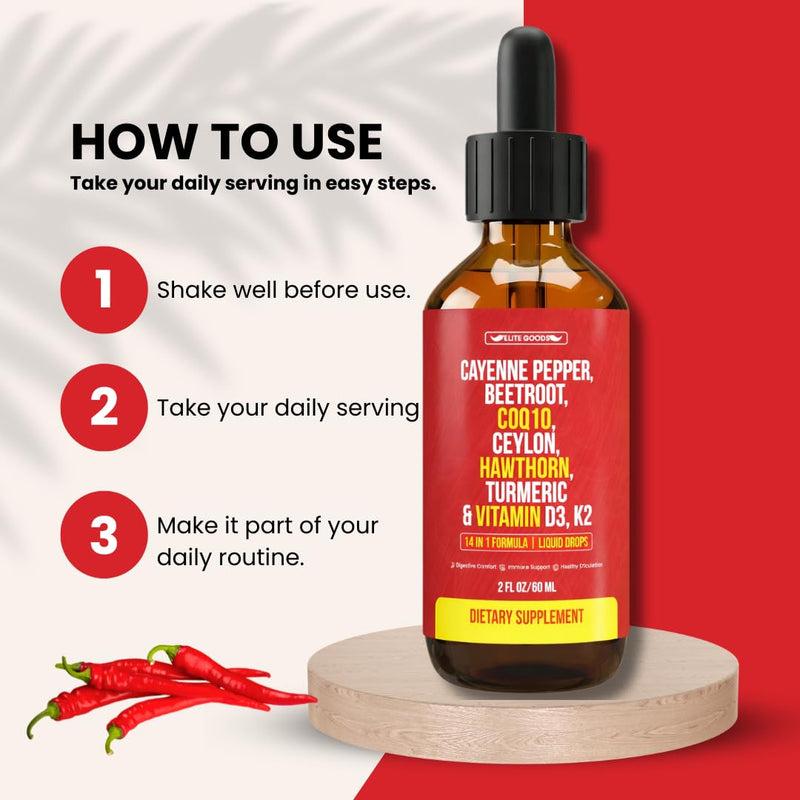 Cayenne Pepper Drops - Organic Supplement with Hawthorn Berry, Beet Root Powder, COQ10, Vitamin D3 & K2, Ceylon Cinnamon, Turmeric, Ginseng & Berberine - 60 ml (2 Packs) 1 Fl Oz (Pack of 2)