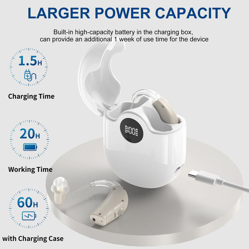 Rechargeable Hearing Amplifier for Adults with Smart Noise Reduction, BTE Hearing Amplifier for Seniors with Natural Sound, Charging Box Indicating Remaining Power(Brown)