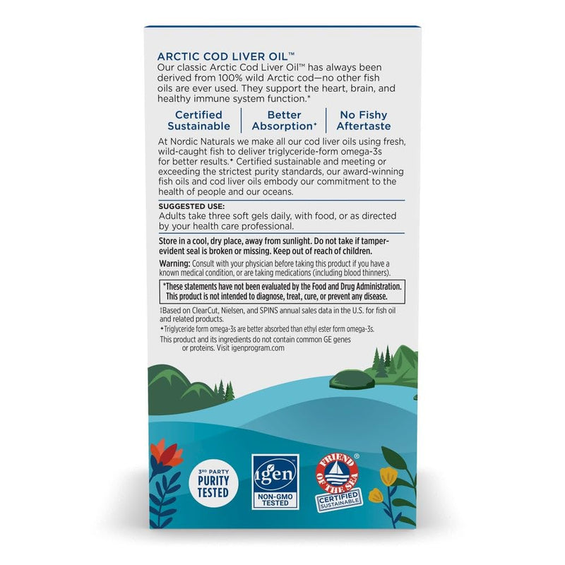 [Australia] - Nordic Naturals Arctic Cod Liver Oil, Lemon - 180 Soft Gels - 750 mg Total Omega-3s with EPA & DHA - Heart & Brain Health, Healthy Immunity, Overall Wellness - Non-GMO - 60 Servings 180 Count (Pack of 1) 