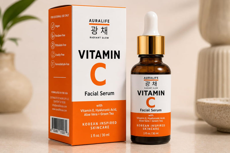 AuraLife Vitamin C Face Serum with Hyaluronic Acid, Vitamin E & Aloe Vera – Brightening & Hydrating Facial Serum for Dark Spots, Fine Lines, Wrinkles & Uneven Skin Tone – 1 Fl Oz (Facial Serum)
