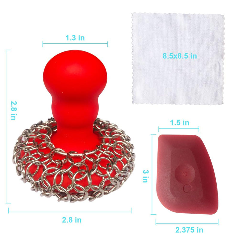[Australia] - 316 Upgraded Chainmail Scrubber with Silicone Handle Cast Iron Cleaner for Cast Iron Grill Pan Skillet Wok Bakeware Ergonomic to Hold Easy to Use Dishwasher Safe, Scrubber + Scraper + Towel (Red) Red 