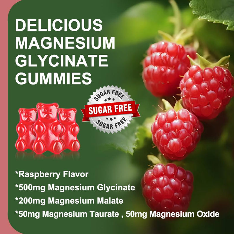 Sugar Free Magnesium Glycinate Gummies, 500mg Magnesium Glycinate with 200mg Magnesium Malate, Taurate, Oxide, COQ10, Vitamin B6 and D3, Relaxation, Calm Mood, 60 Raspberry Gummies(3 Pack) 60 Count (Pack of 3)
