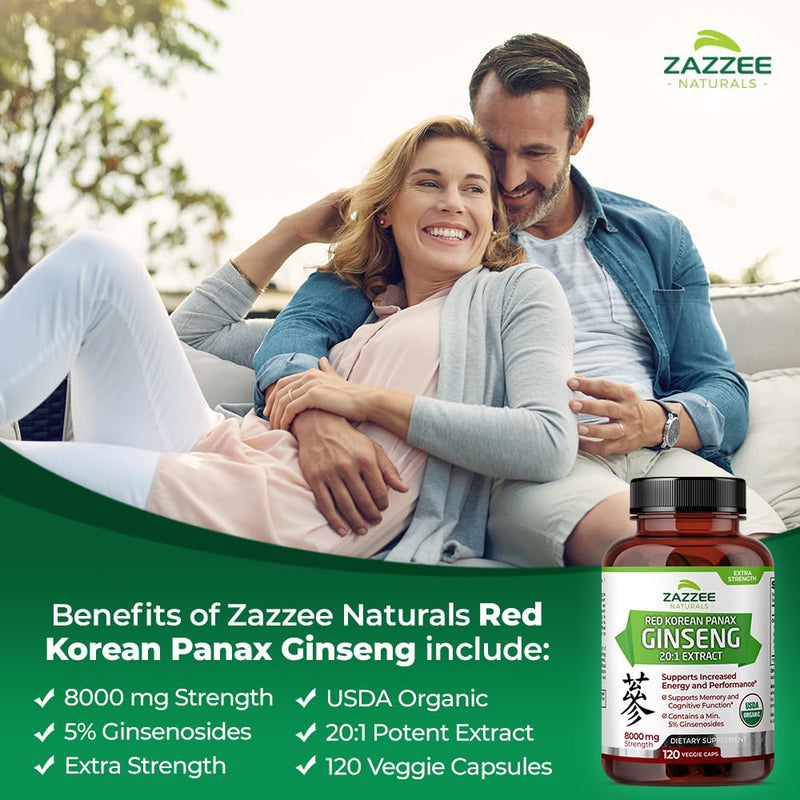 [Australia] - Zazzee USDA Organic Red Korean Panax Ginseng 20:1 Extract, 8000 mg Strength, 5% Ginsenosides, 120 Vegan Capsules, Standardized and Concentrated 20X Root Extract, 100% Vegetarian, All-Natural, Non-GMO 