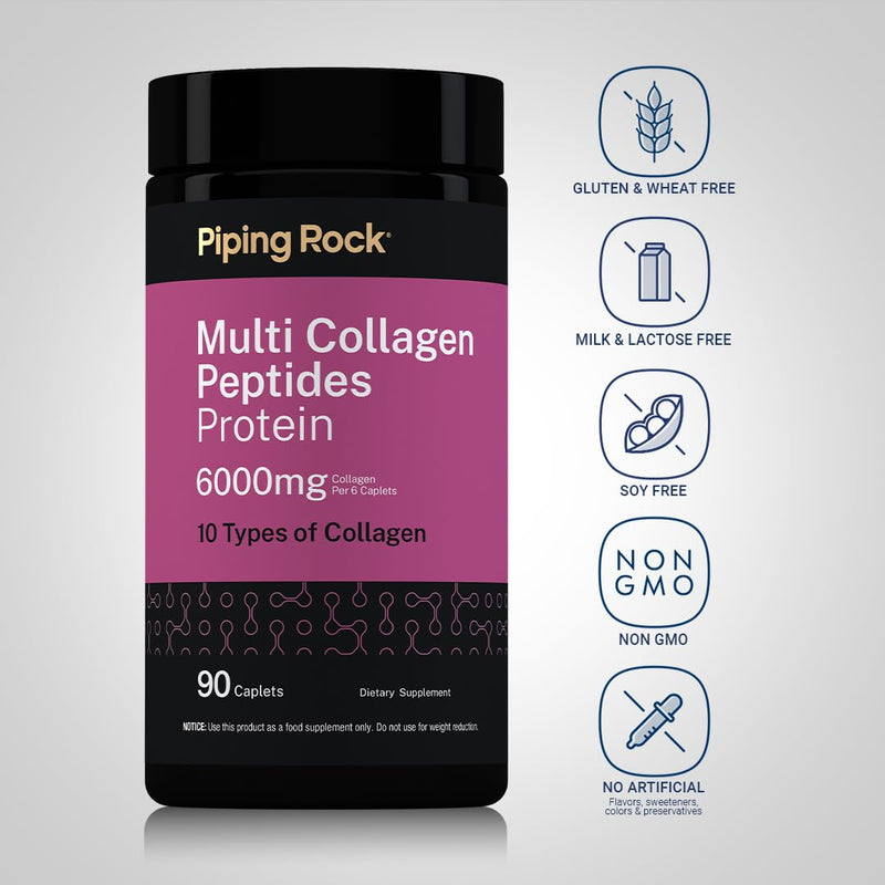 Piping Rock Multi Collagen Peptides 6000mg | 90 Caplets | 10 Types of Collagen with Protein | Non-GMO, Gluten Free