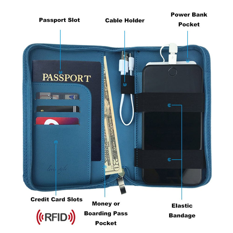 Phone Charging Passport Holder - Travel Wallet with Removable Power Bank holds money, cards, phone, travel docs- RFID Blocking - Compatible with All Phones - Travel Accessories Cerulean