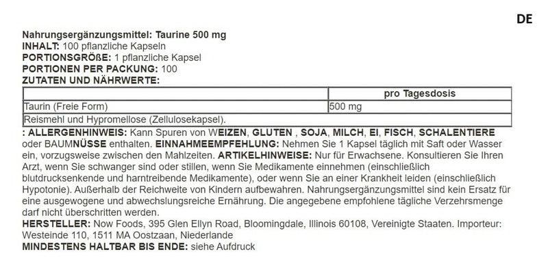 Now Foods – Taurine | Amino Acid for Cardiovascular and Nervous System Support – 500mg, 100 Capsules