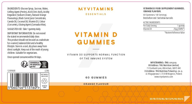 Vitamin D Gummies 25mcg - Support Immune System, Bone Health & Muscle Function - Orange - Vegetarian Friendly - 60 Gummies - Essential Vitamin D for Immune Boost, Bone Maintenance & Muscle Support