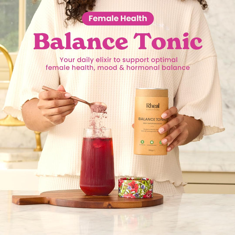 Rheal Balance Tonic, 150g (30 Servings), Women’s Health & Cycle Support Powder with 500mg KSM-66® Ashwagandha, Adaptogenic Superfood Blend for Stress Relief & Hormonal Balance