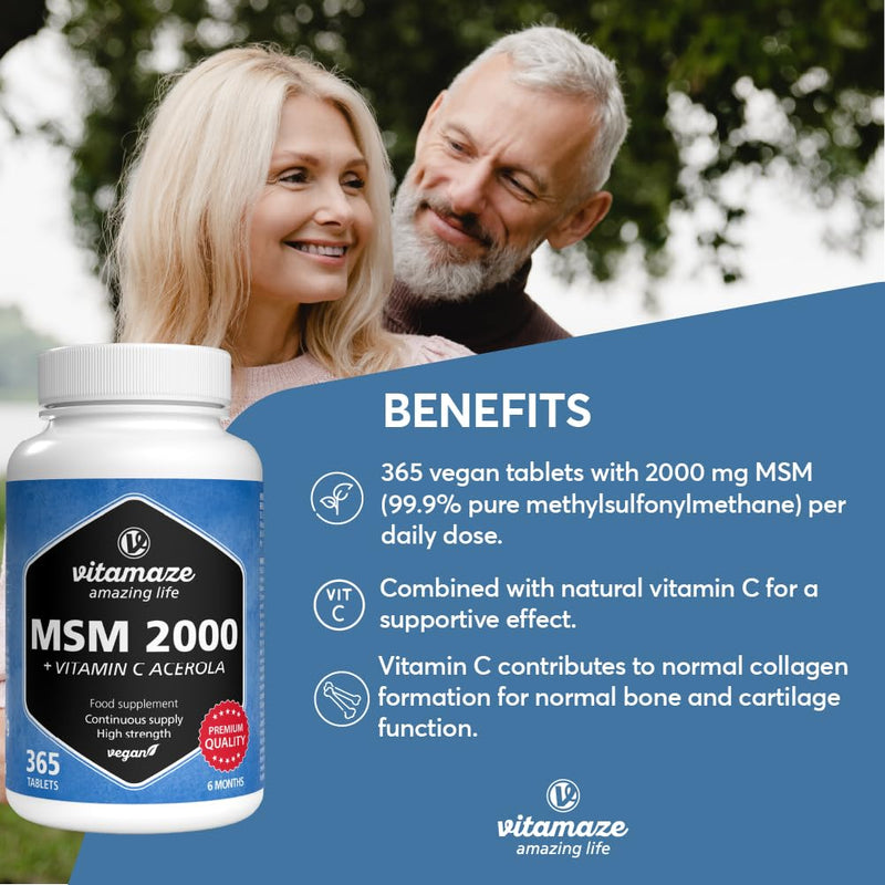 MSM + Vitamin C acerola high-dose, 365 Tablets for 6 Months, 2,000 mg Organic Sulphur Powder per Day, 99.9% Pure methylsulphonylmethane, Food Supplement Without additives, Made in Germany