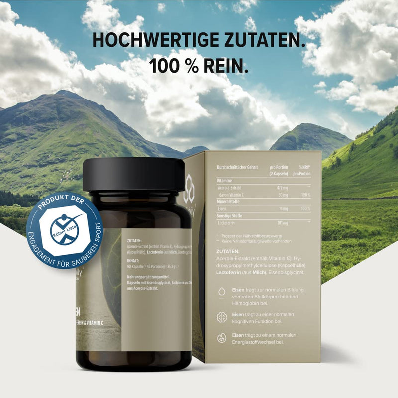 [Australia] - edubily nutrition® iron with lactoferrin. High-dose iron tablets with lactoferrin & vitamin C from acerola extract. 90 easy-to-swallow capsules in an amber glass. 