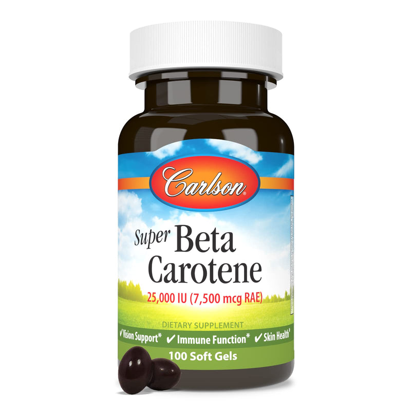 [Australia] - Carlson - Super Beta Carotene, 25000 IU (15 mg), Vitamin A as Beta Carotene, Bioavailable and Bioactive Form, Vision Health, Healthy Skin, 100 Softgels 100 Count (Pack of 1) 