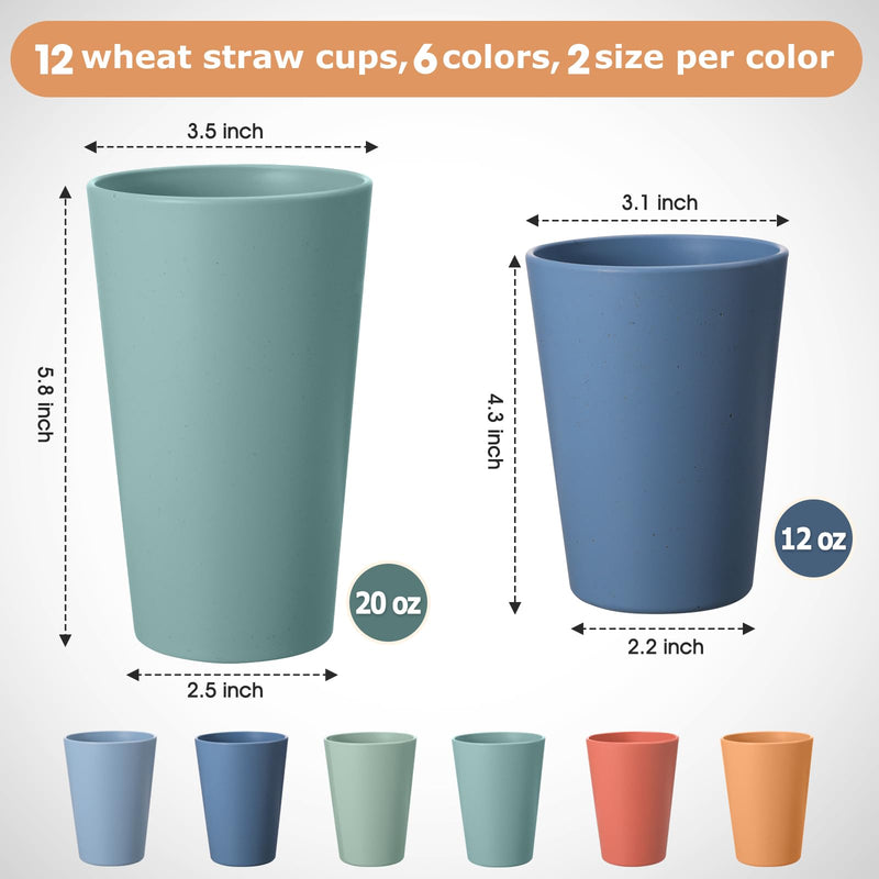 [Australia] - Set of 12 Wheat Straw Cups, 6 Pcs 20 oz & 6 Pcs 12 oz Unbreakable Drinking Cups, Reusable Plastic Cups Sets, Water Glasses Tumblers, Microwave & Dishwasher Safe, Bpa Free, 6 Colors 