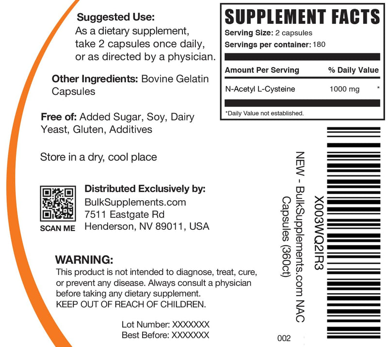 BulkSupplements.com N-Acetyl L-Cysteine 1000mg Capsules - N-Acetyl Cysteine 1000mg, NAC Supplement - NAC 1000mg, Gluten Free - 2 Capsules per Serving, 360 Capsules (Pack of 1)