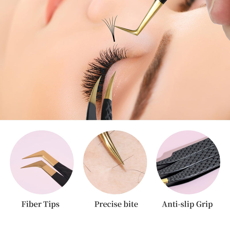 Lash Tweezers for Eyelash Extensions,Precision Fiber Tip for Volume Eyelash Extension,Lash Extension Tweezers for Easy Application and Removal (Black, 5PCS-01) Black