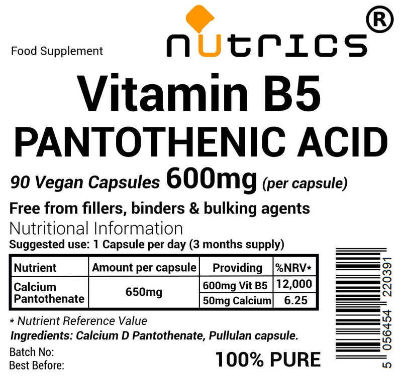 600mg (per Capsule) Vitamin B5 Pantothenic Acid 90 V Capsules 3 Months Supply - Pure No Additives - Vegan Vegetarian