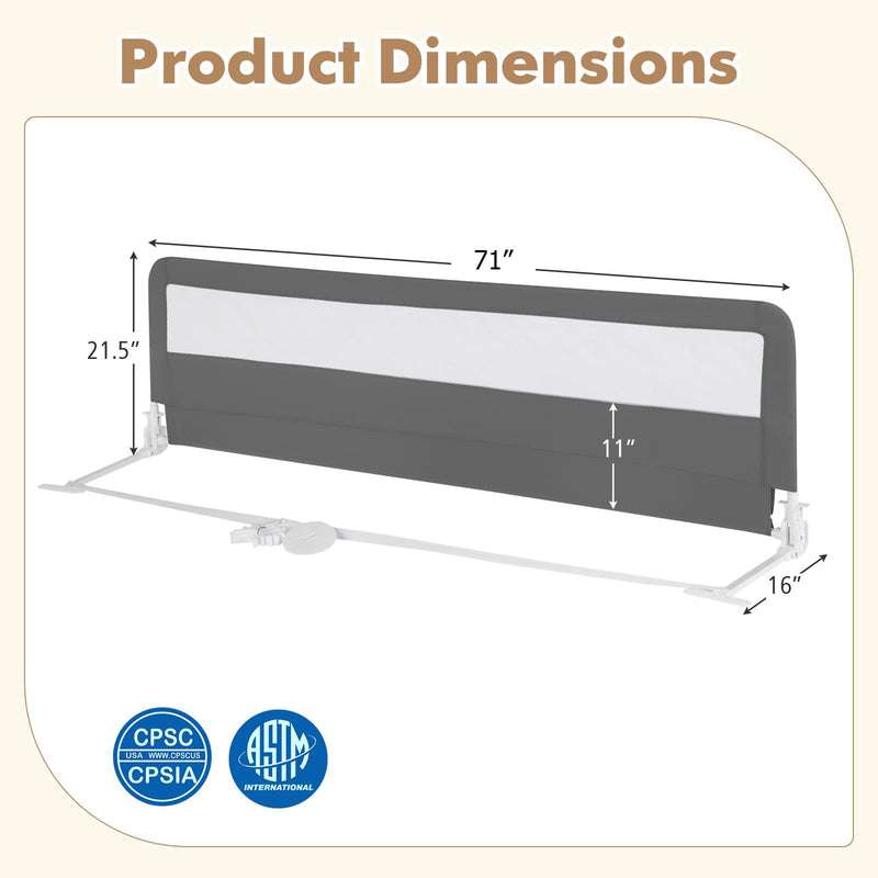 [Australia] - BABY JOY Bed Rails for Toddlers, 71'' Extra Long, Swing Down Bed Guard w/Safety Strap, Folding Baby Bedrail for Kids Twin, Double, Full Size Queen & King Mattress (71-Inch, Gray) Grey 71-Inch 