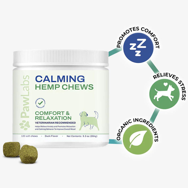 Calming Hemp Chews for Dogs - Relieve Anxiety & Stress - Organic Hemp, Chamomile, Protein Powder, Valerian Root - Natural Calming Aid - Vet Formulated, USA Made - Duck Flavor - 120 Count - PawsPlanet Australia