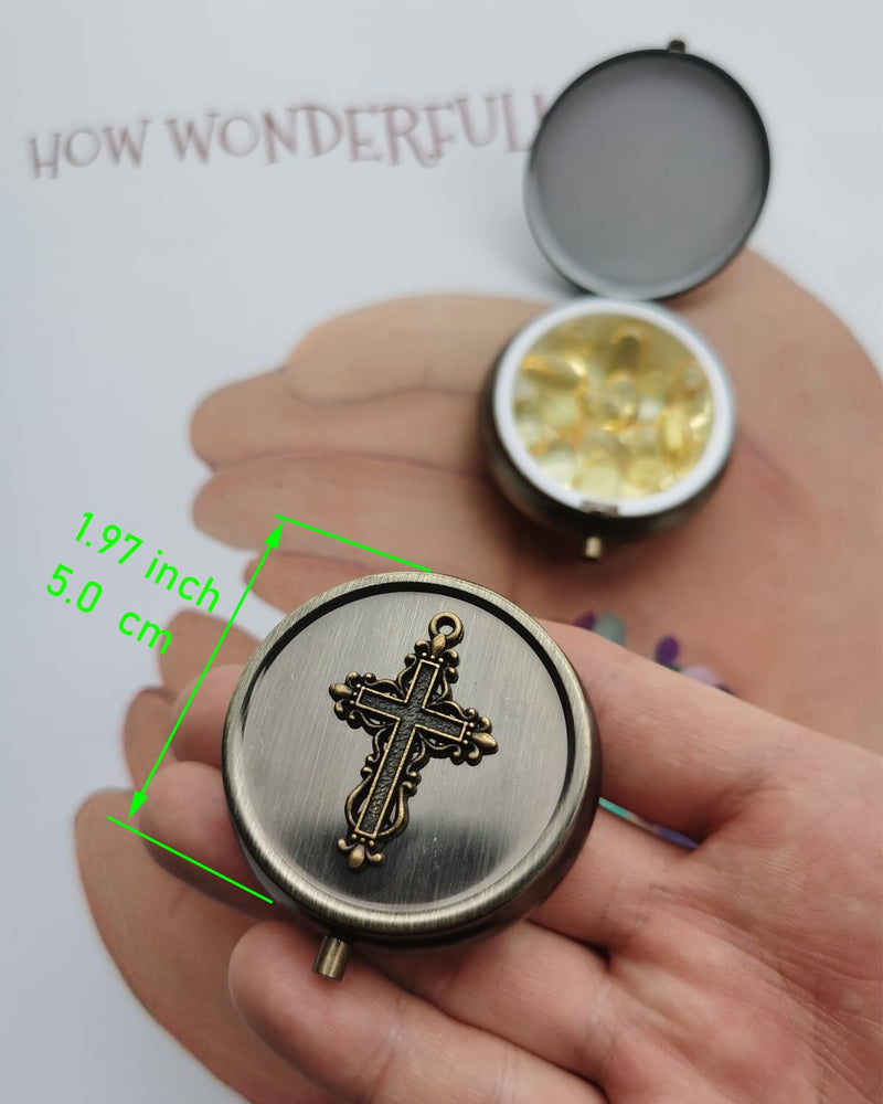 Portable Travel Pill Organizer - Gift Box Package Pill Case, Bronze Decorative Metal Medicine Box Pill Holder, Small Pocket Pill Case for Purse, Storage Vitamin Or Medicine, Pill Dispenser
