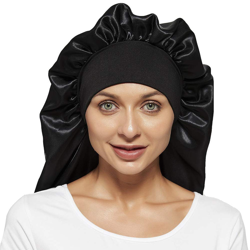 [Australia] - 2 Pcs Silk Bonnet for Women Satin, Soft Elastic Band Silky Sleeping Cap Big Bonnets for Braids One Size Black and Light Blue 