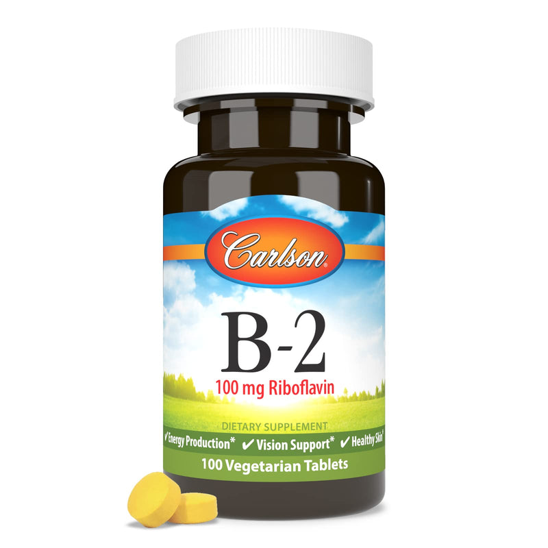 Carlson B-2, 100 mg, Riboflavin, Energy Production, 100 Vegetarian Tablets | Vision Support; Healthy Skin 100 Count (Pack of 1)
