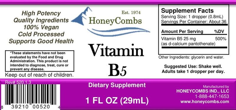 HoneyCombs Vitamin B5 Liquid Drops Pantothenic Acid, 1oz | Liquid Vitamin B5 (Pantothenic Acid) supports healthy energy metabolism with a fast-absorbing liquid formula 1 Fl Oz (Pack of 1)