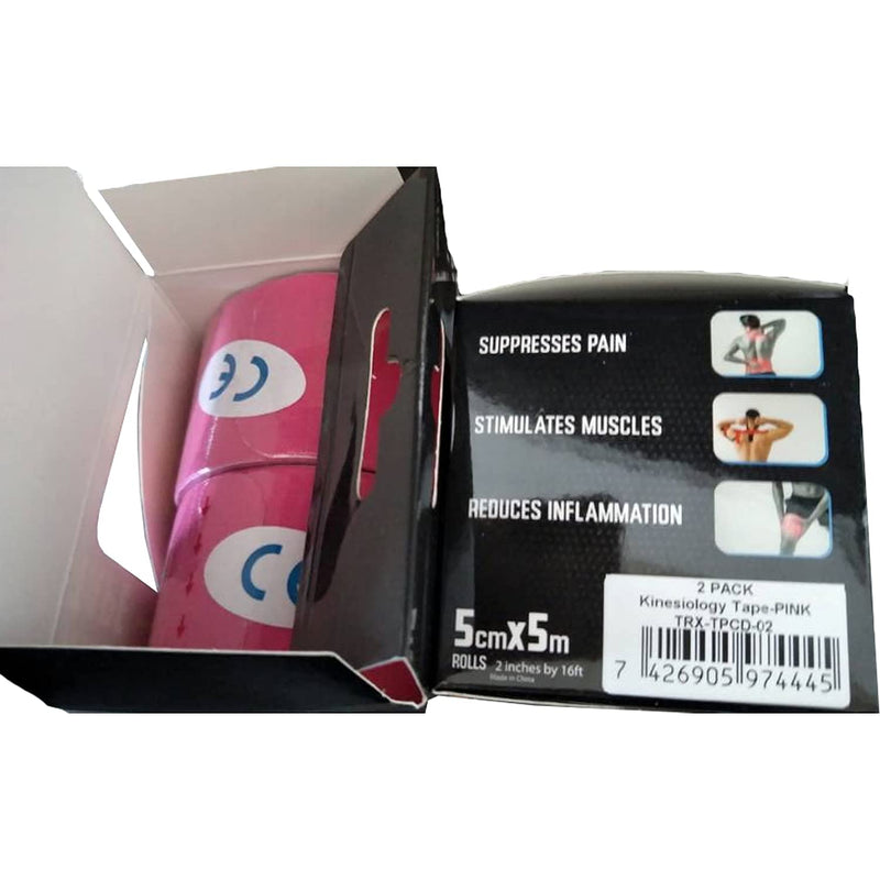 Kinesiology Tape 2" x 16' (Two Precut Rolls) for Sports and Therapy, Reduces Inflammation, Suppresses Pain, Stimulates Muscles - Pink 2 Rolls