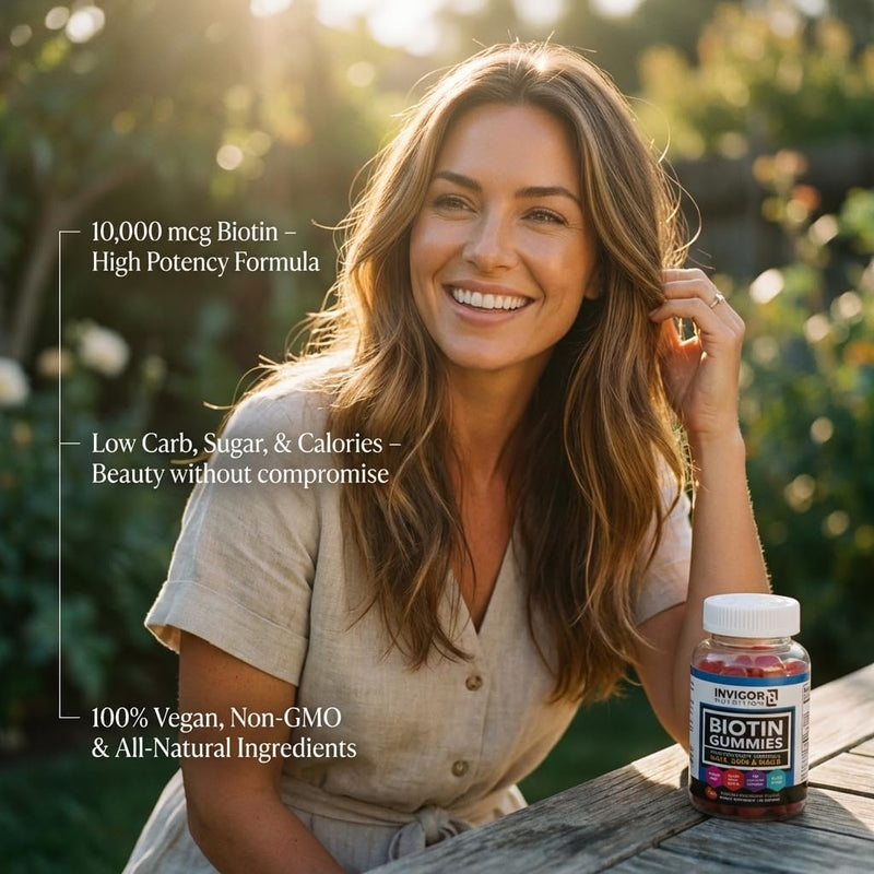 INVIGOR8 Biotin Gummies 10000mcg | Hair Skin Nails Vitamins Biotin Supplement for Women Men & Kids 5000mcg x2 | Vegan Kosher Halal | Strawberry Flavor | 60