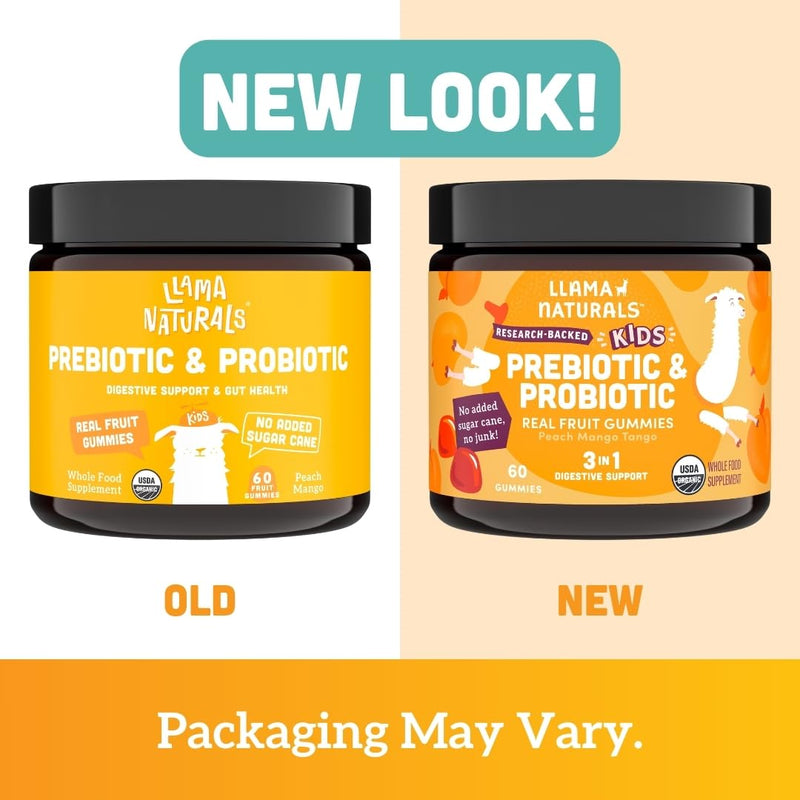 [Australia] - Llama Naturals Real Fruit Prebiotic & Probiotic Kids Gummies, No Added Sugar Cane, Vegan Organic Synbiotics, Children Digestion, Toddler Tummy Aches, Gut Health, 2B CFU, 60 ct (30 Days) Peach Mango Kids Peach Mango 60 Count (Pack of 1) 