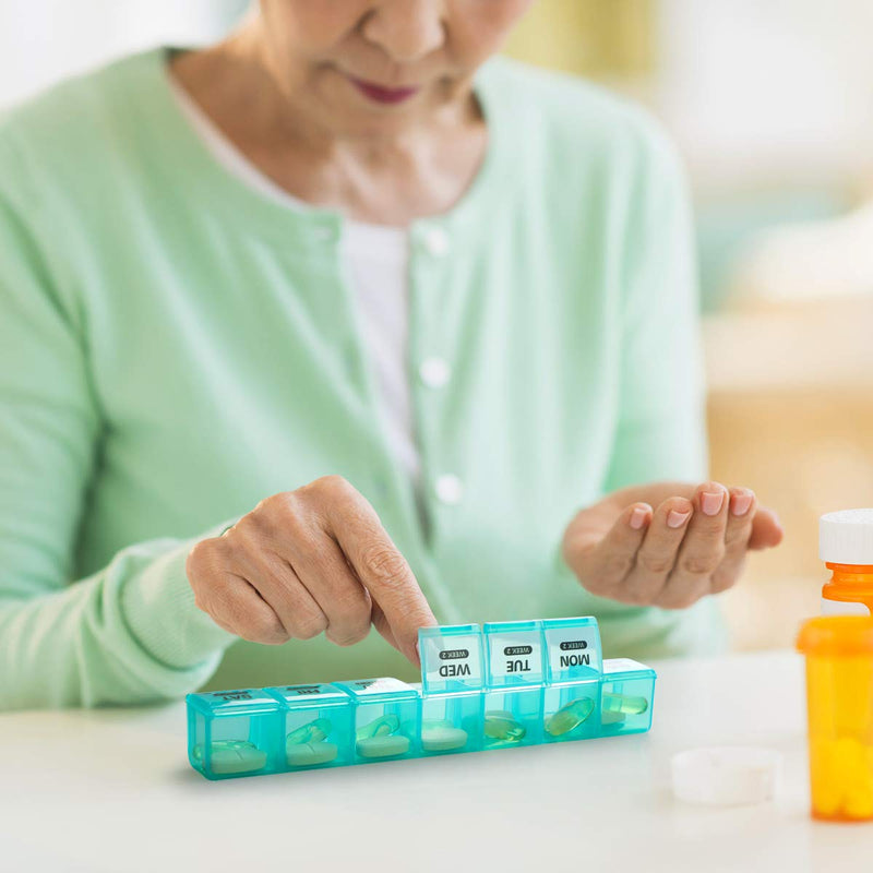 Sukuos Monthly Pill Organizer 28 Day Easy to Open, Large Moisture-Resistant Pill Box Cases with Dust-Proof Box and Clear Lid for Vitamin/Fish Oil/Supplements Green & Yellow