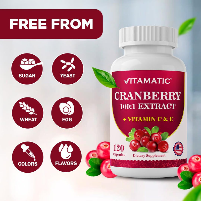 Vitamatic Cranberry 500 mg 100:1 Extract (2 Capsules) with Vitamin C & E – 120 Veg Capsules – Urinary Tract & Bladder Support Supplement – Non-GMO, Gluten Free, Made in USA