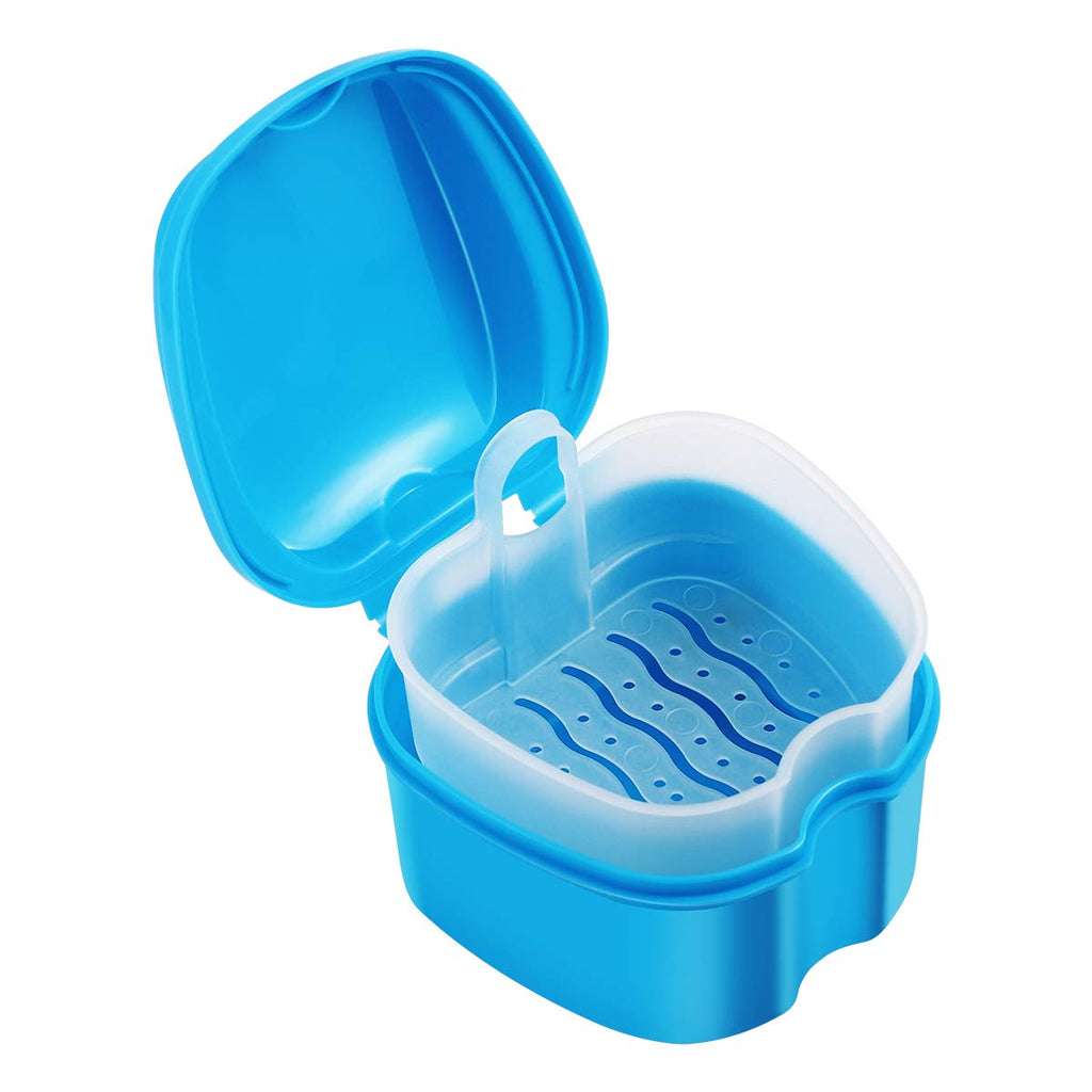 Denture Case Denture Bath Box Case Dental Orthodontic Retainer False Teeth Storage Case Box with Strainer denture cups for soaking dentures (Blue) Blue