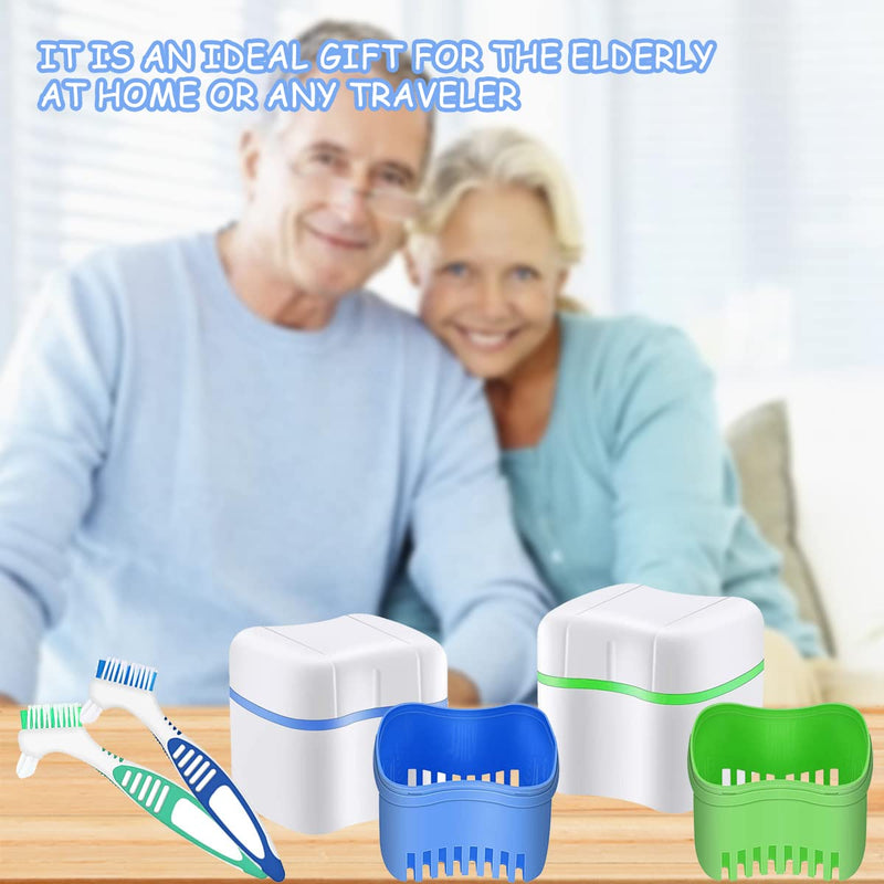 [Australia] - Prosthesis box, denture case, denture container, for false teeth storage cleaning, for orthodontic box, 2 pieces braces box + 2 denture cleaning brushes, green + blue 
