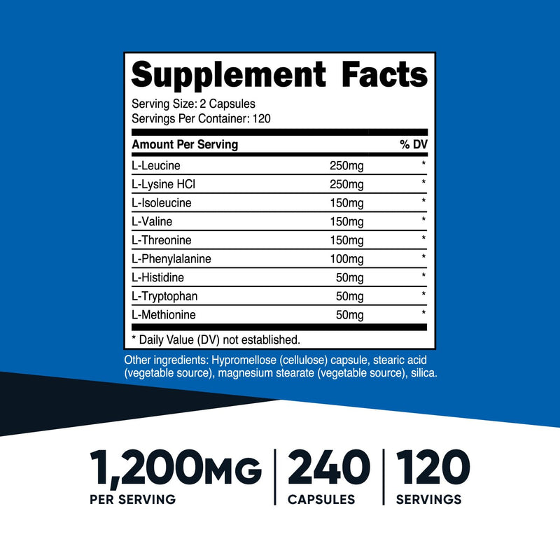 [Australia] - Nutricost EAA Capsules 1200mg, 240 Capsules - Essential Amino Acids, 120 Servings - Non-GMO, Gluten Free & Vegan 
