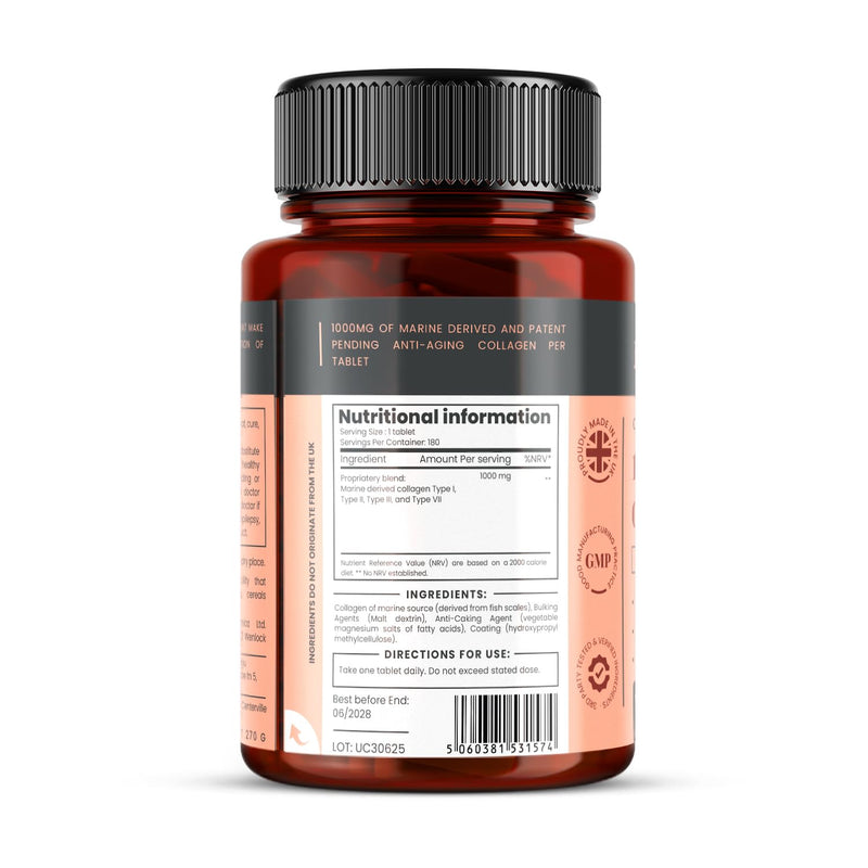 UltraColl Marine Collagen 1000mg x 360 Tablets (2 Bottles of 180) - 12 Months Supply. The only Patented Anti-Aging Collagen Types I, II, III, and VII 180 count (Pack of 2)