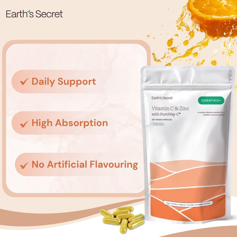 Earth’s Secret Essentials+ Vitamin C & Zinc Capsule with PureWay-C® and Zinc Bisglycinate – Vegan, Non-GMO, No Fillers, Clean Formula for Immune & Skin Support – 120 Vegan Capsules, 60 Daily Serving