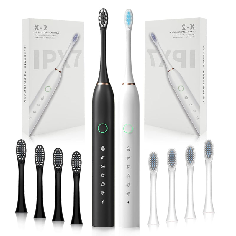 2 Pack Rechargeable Electric Toothbrushes for Adults and Kids, Whitening Tooth Brush with 8 Brush Heads, 6 Cleaning Modes and Smart Timer, Waterproof Cleaning Toothbrushes Set Black & White