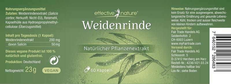 [Australia] - Willow bark capsules - 60 capsules for 2 months - 200 mg willow bark extract - Natural plant extract - With 50 mg salicin - 100% natural 