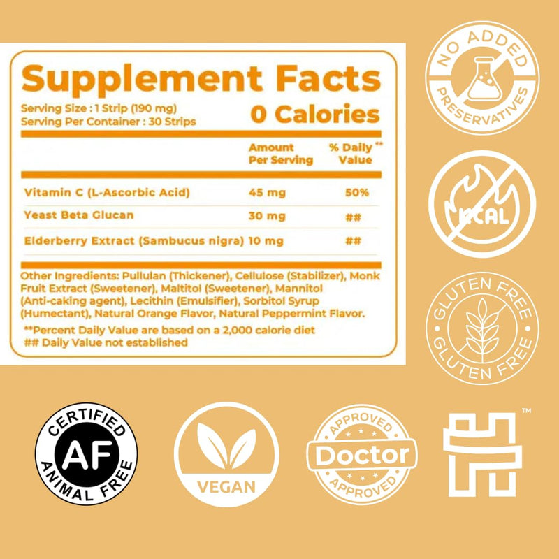 NutriHugs Immune Support Strips - Vitamin C, Elderberry and Beta Glucan - Fast-Dissolving Oral Thin Film Strips - Sugar-Free, Vegan, Non-GMO - Doctor-Formulated - 30 Count