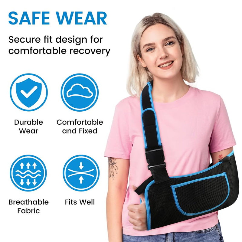 Arm Sling Shoulder Immobilizer for Men and Women, Adjustable Rotator Cuff Support Brace, Fit Left or Right, Comfortable Medical Slings for Elbow and Wrist Injury, Forearm Fracture, Surgery Recovery M (12–14") Black/Blue 1