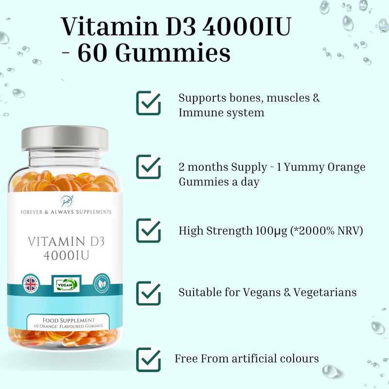 Vitamin D3 4000iu Gummies - High Strength 100μg Gummy - 60 Orange Flavoured Gummies - Vitamin D Supplement Teeth, Bone, Muscles & Immune System Support