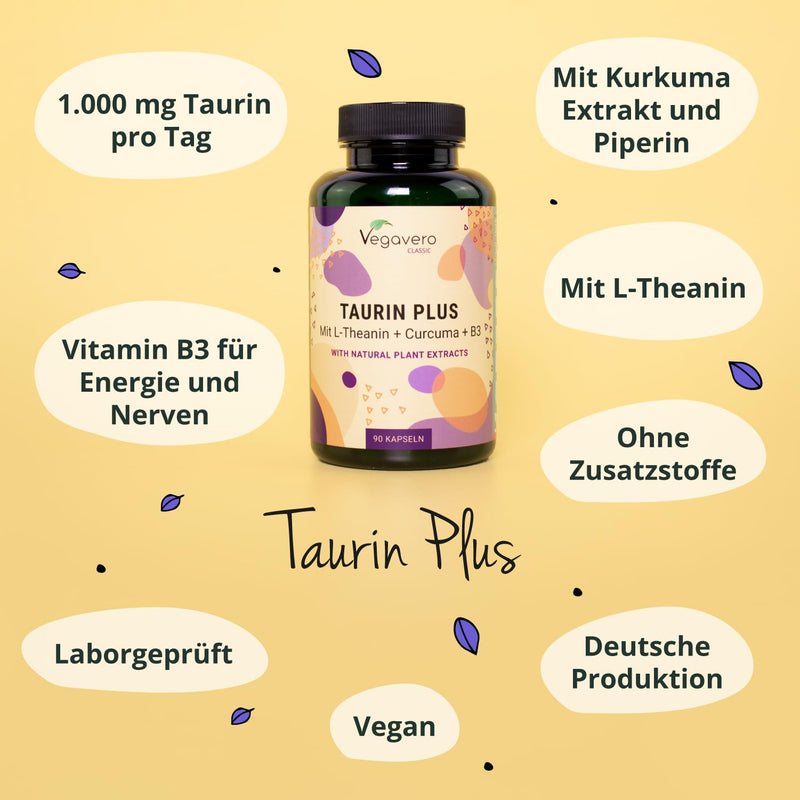 [Australia] - Taurine in high doses | 1000mg | With turmeric & L-theanine from green tea extract | Vegan & No Additives | 90 capsules | German production of Vegavero® 
