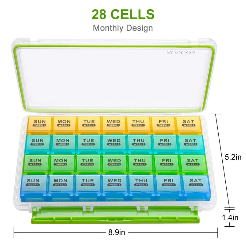 Sukuos Monthly Pill Organizer 28 Day Easy to Open, Large Moisture-Resistant Pill Box Cases with Dust-Proof Box and Clear Lid for Vitamin/Fish Oil/Supplements Green & Yellow