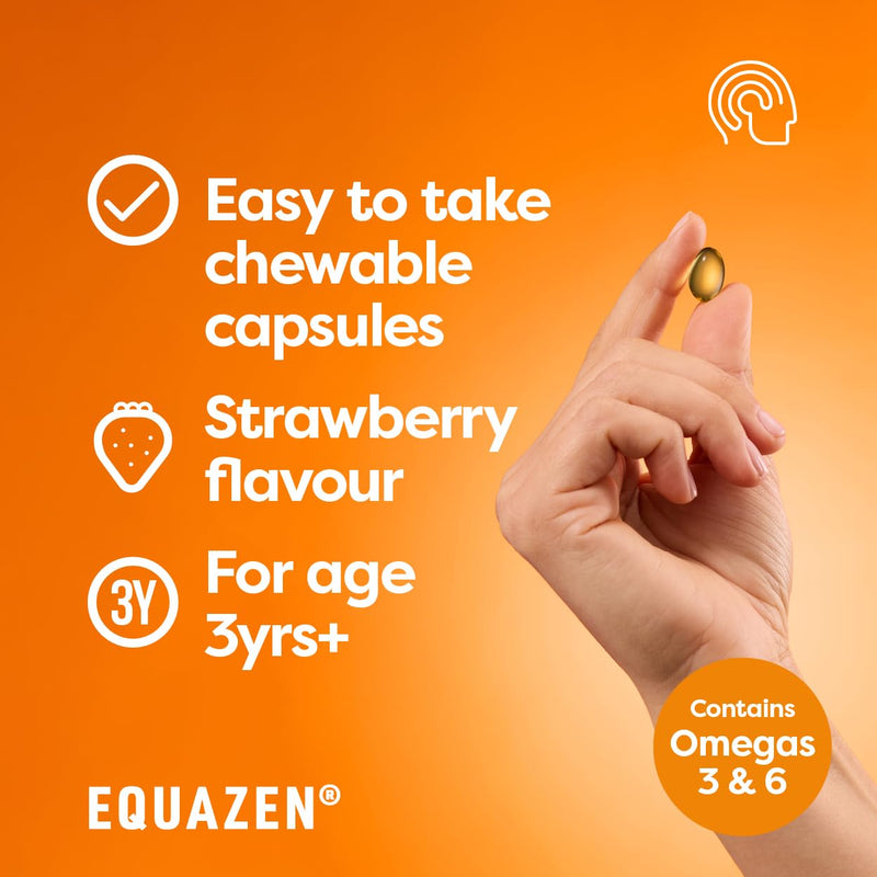 Equazen® Omega 3 & 6 Chews for Kids, Brain & Cognitive Support, DHA, EPA & GLA, Clinically Researched 9:3:1 Formula, Strawberry Flavour, Halal Certified, Age 3+, 60 Pack