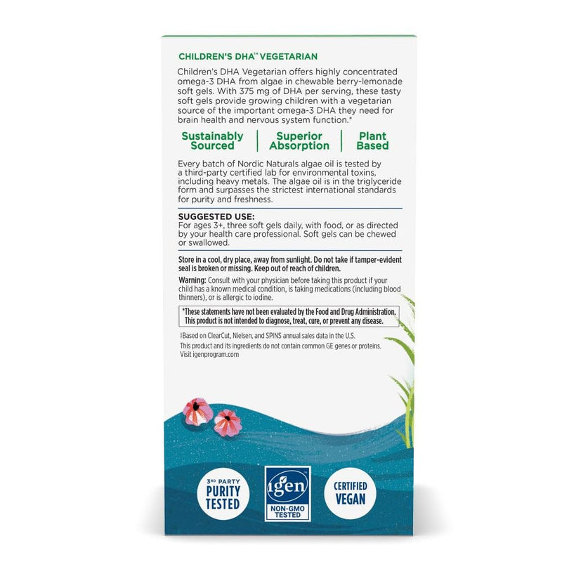 [Australia] - Nordic Naturals Children's DHA Vegetarian - Kids DHA Omega-3 Supplement -Algae Oil - Berry Lemonade Mini Chewables - Plant-Based Formula for Ages 3+ - 120 Soft Gels - 40 Servings 