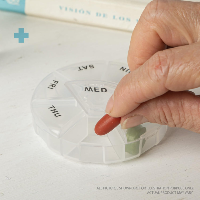 Deke Home - Round Portable Pill Box, Medicine Planner, Small 7 Day Weekly Travel Container, Medication, Vitamin Holder, Pillbox Organizer, Pill Dispenser, Daily Sorter & Reminder, BPA Free Clear 1 Count (Pack of 1)
